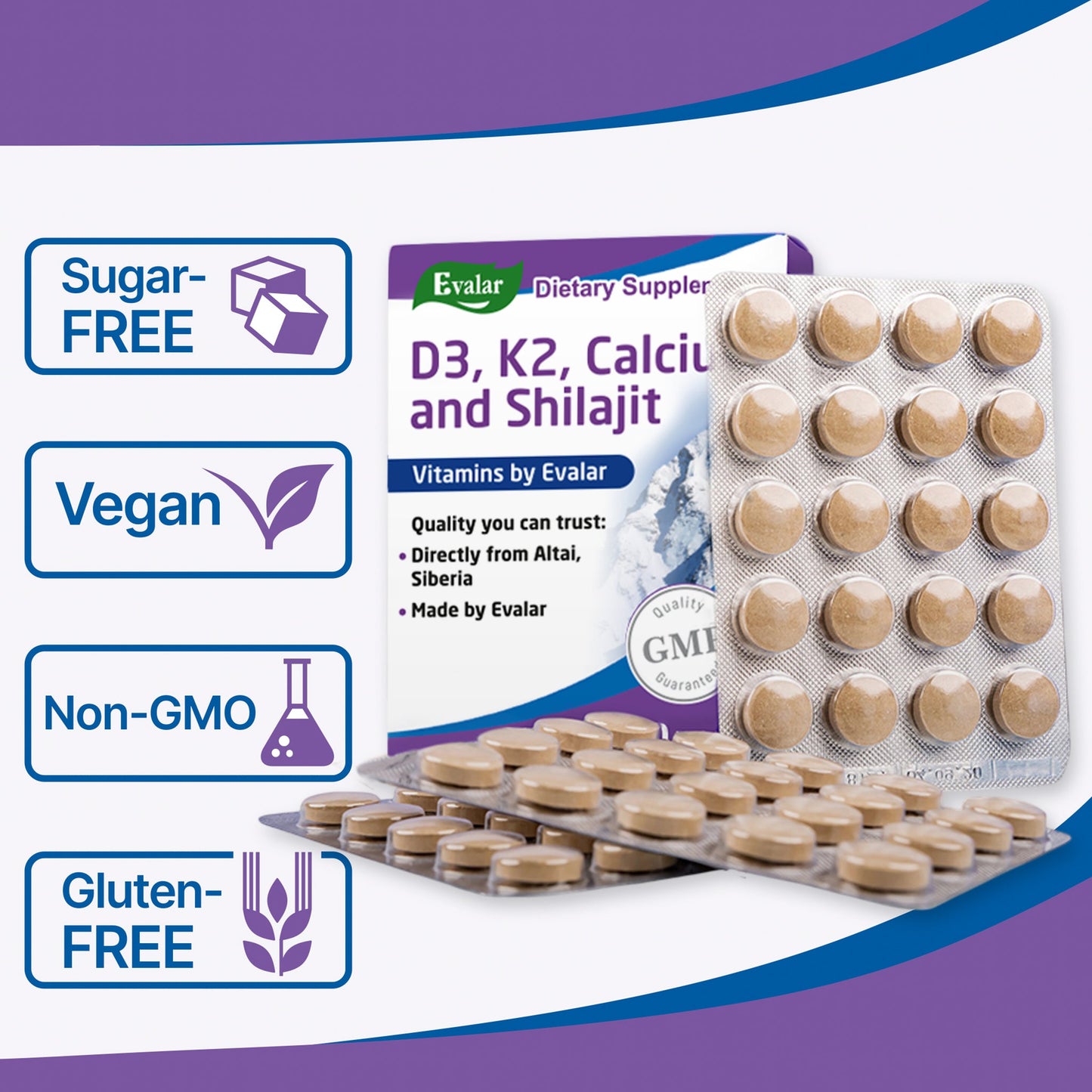 Mountain Calcium with Vitamins D3 + K2 and Shilajit - 80 Tablets | Evalar