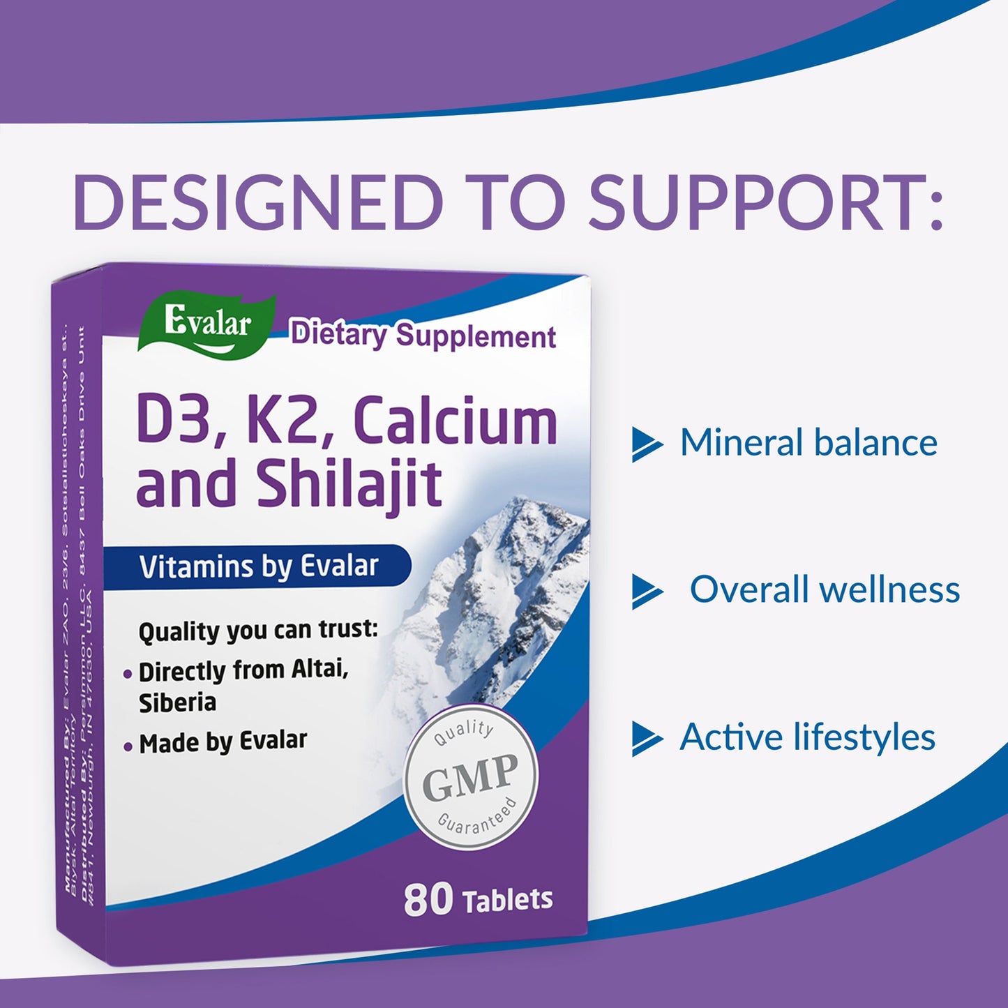 Mountain Calcium with Vitamins D3 + K2 and Shilajit - 80 Tablets | Evalar