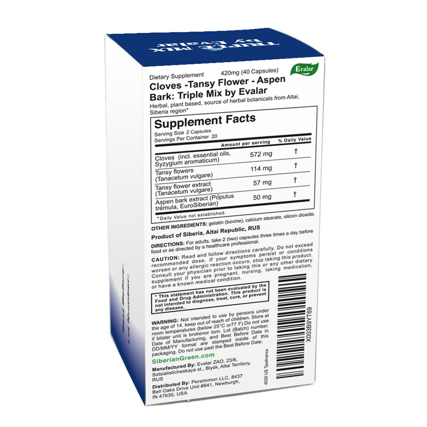 Cloves, Tansy & Aspen Herbal Mix – Evalar 40 Capsules