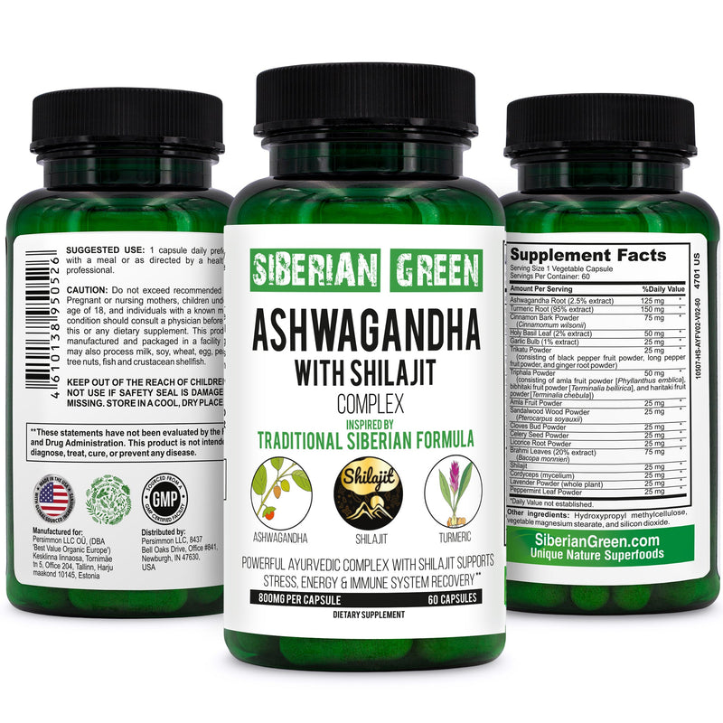 Ashwagandha with Altai Shilajit & Turmeric | Ayurvedic Herbal Complex 60 Capsules