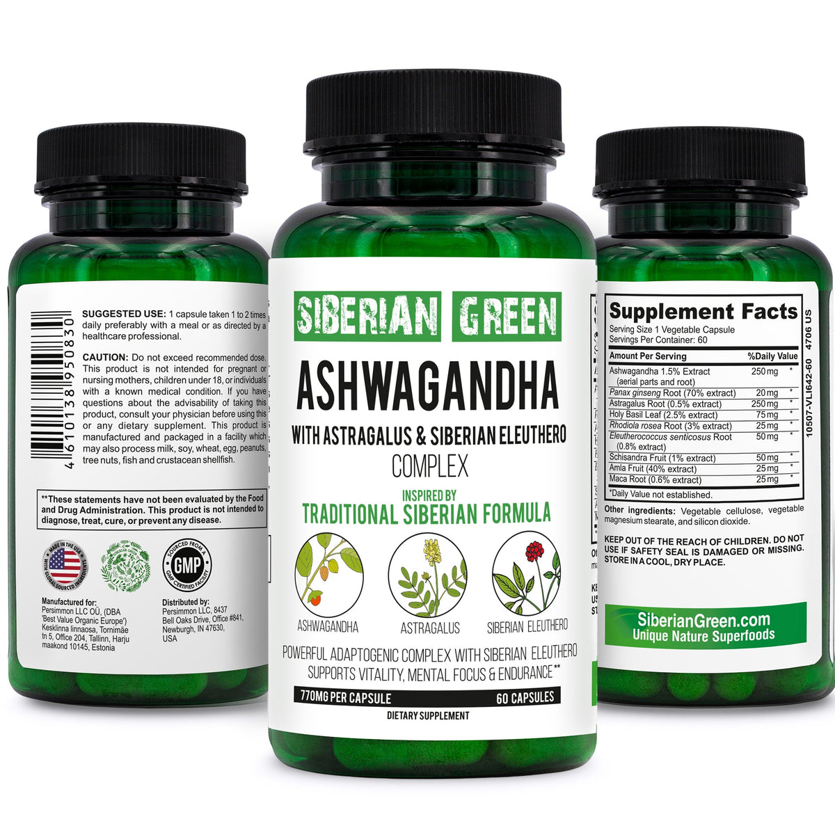 Organic Ashwagandha, Astragalus & Siberian Ginseng Complex – 60 Vegan Capsules
