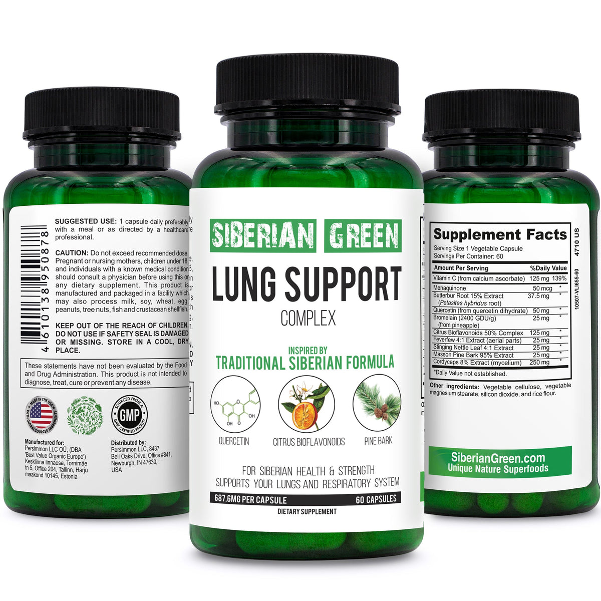 Herbal Lung Support – Quercetin, Pine Bark, Citrus Bioflavonoids | 60 Capsules by Siberian Green