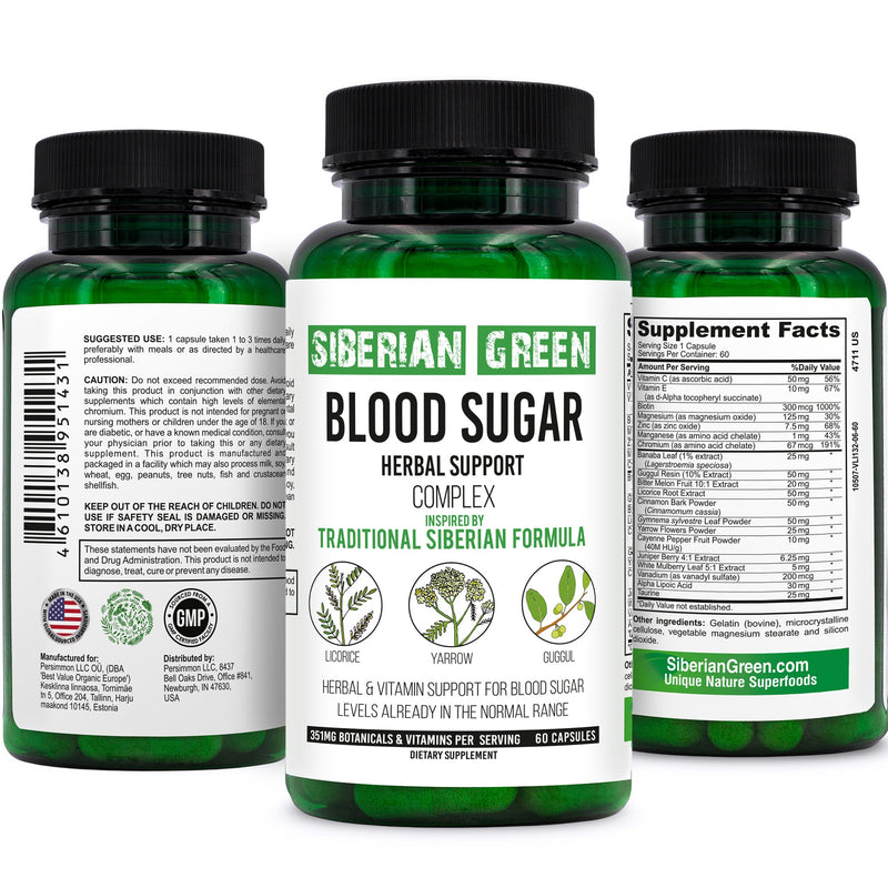 Herbal Sugar Support Siberian Green 60 Caps - Yarrow Guggul Licorice