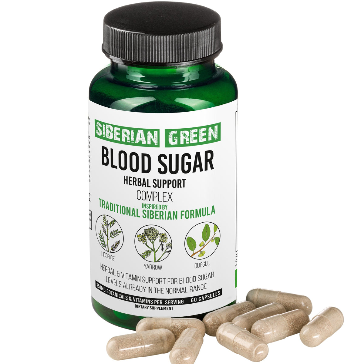 Herbal Sugar Support Siberian Green 60 Caps - Yarrow Guggul Licorice