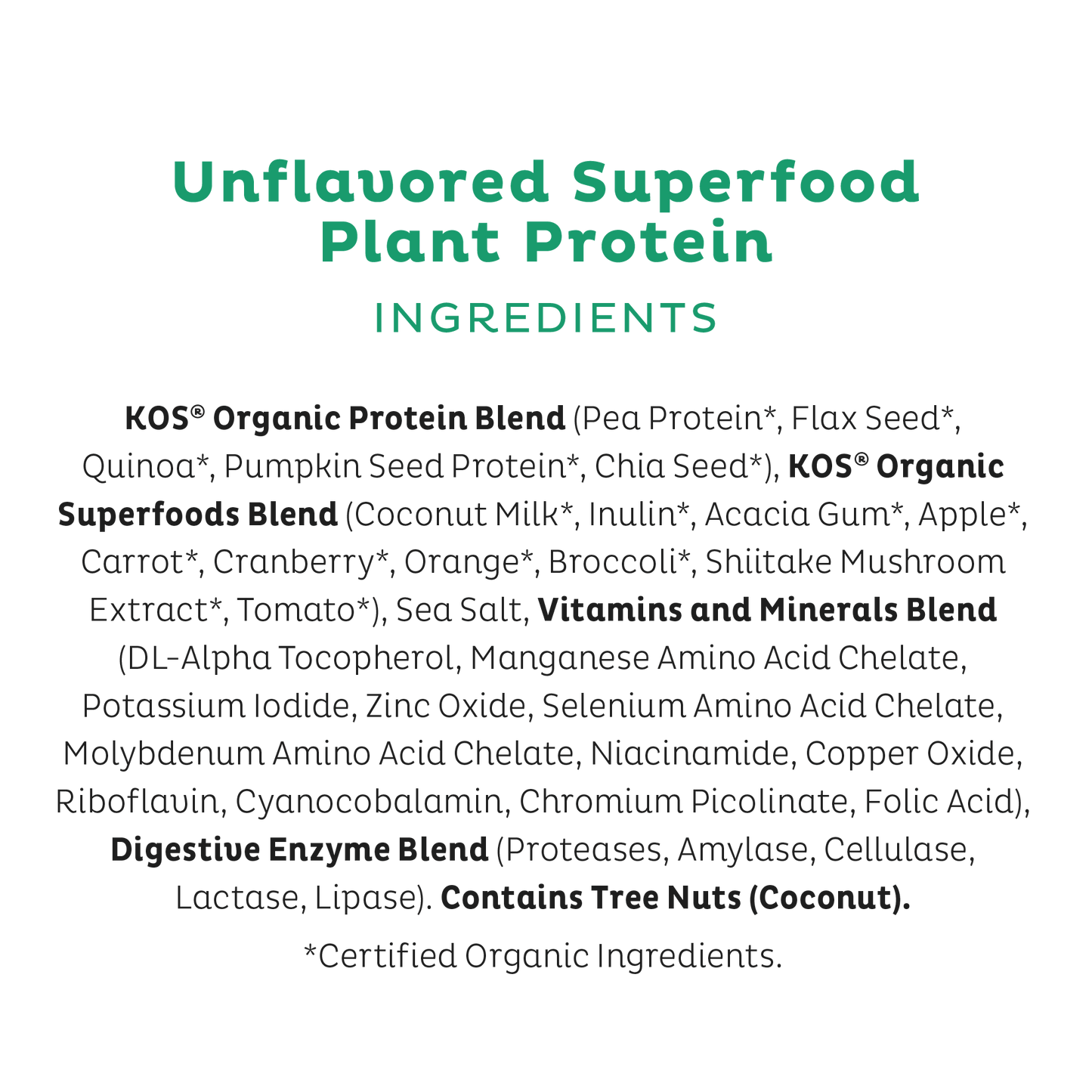 KOS Organic Plant Protein, Unflavored & Unsweetened, 28 Servings