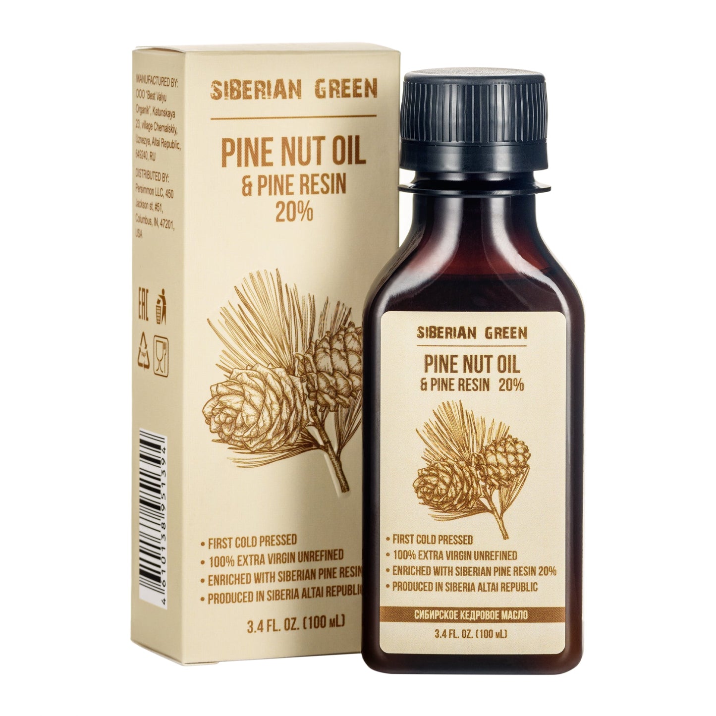 Siberian Pine Nut Oil with Pine Cedar Resin Pure Natural 100% Extra Virgin Cold Pressed 100 ml / 3.4 fl oz