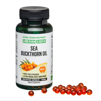 Siberian Sea Buckthorn Oil 200 Softgels Cold Pressed Unrefined Omega 7 Wild Harvested