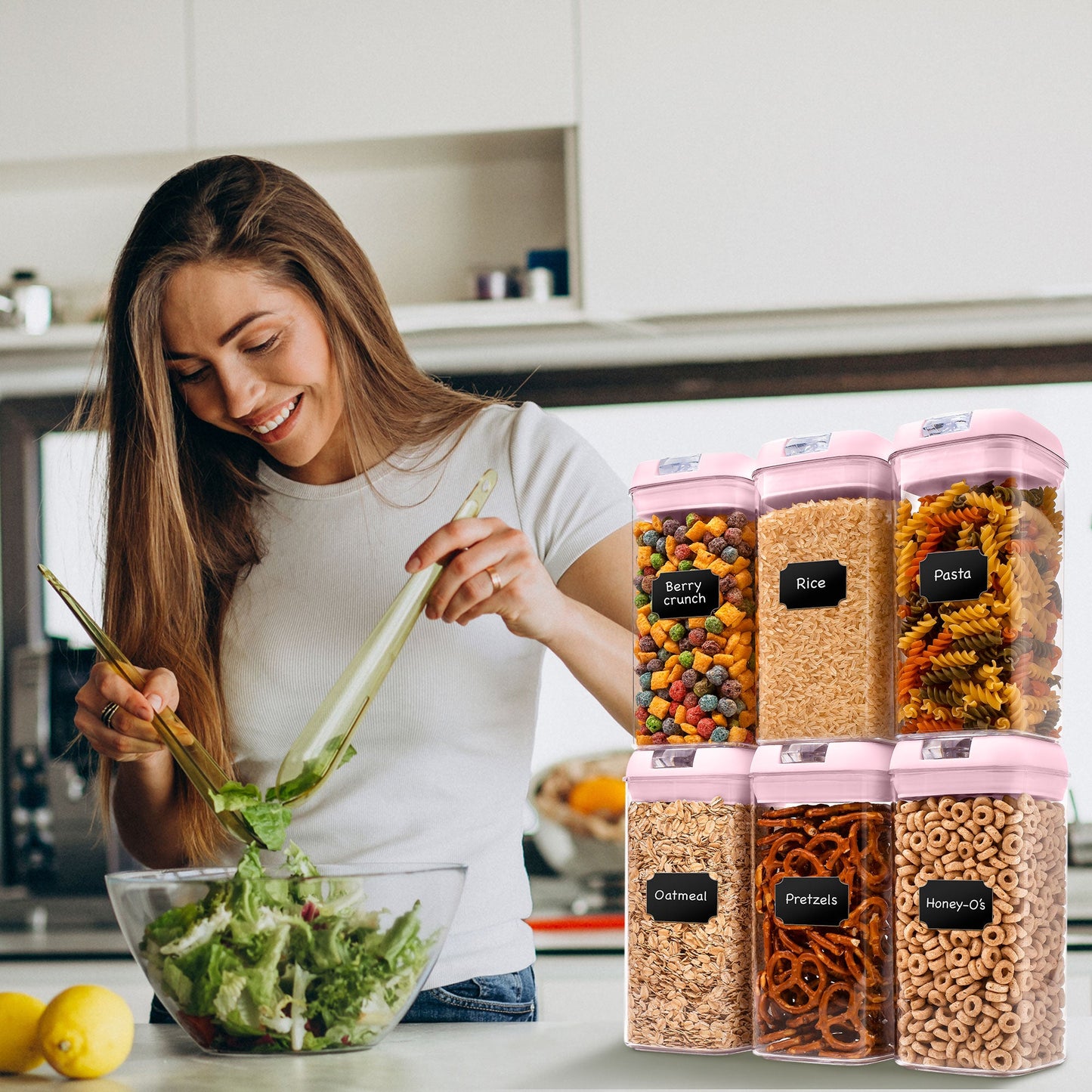 Cheer Collection 42oz Airtight Food Storage Containers for Kitchen Organization - Set of 6 Identical Bins with Labels - Multiple Colors Available