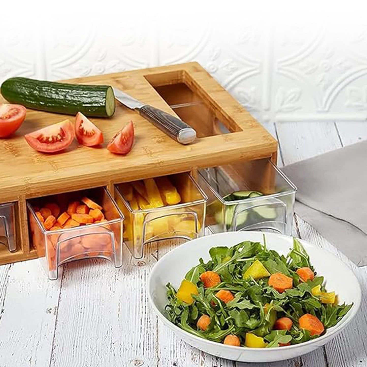 Cheer Collection Bamboo Cutting Board with 4 Slide-Out Storage Trays