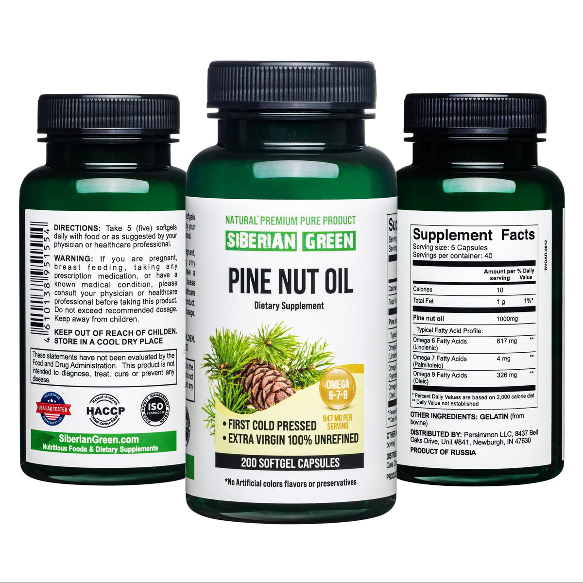 Siberian Green Pine Nut Oil Capsules 200 Softgels Wild Harvested Siberia Altai Cold Pressed Unrefined