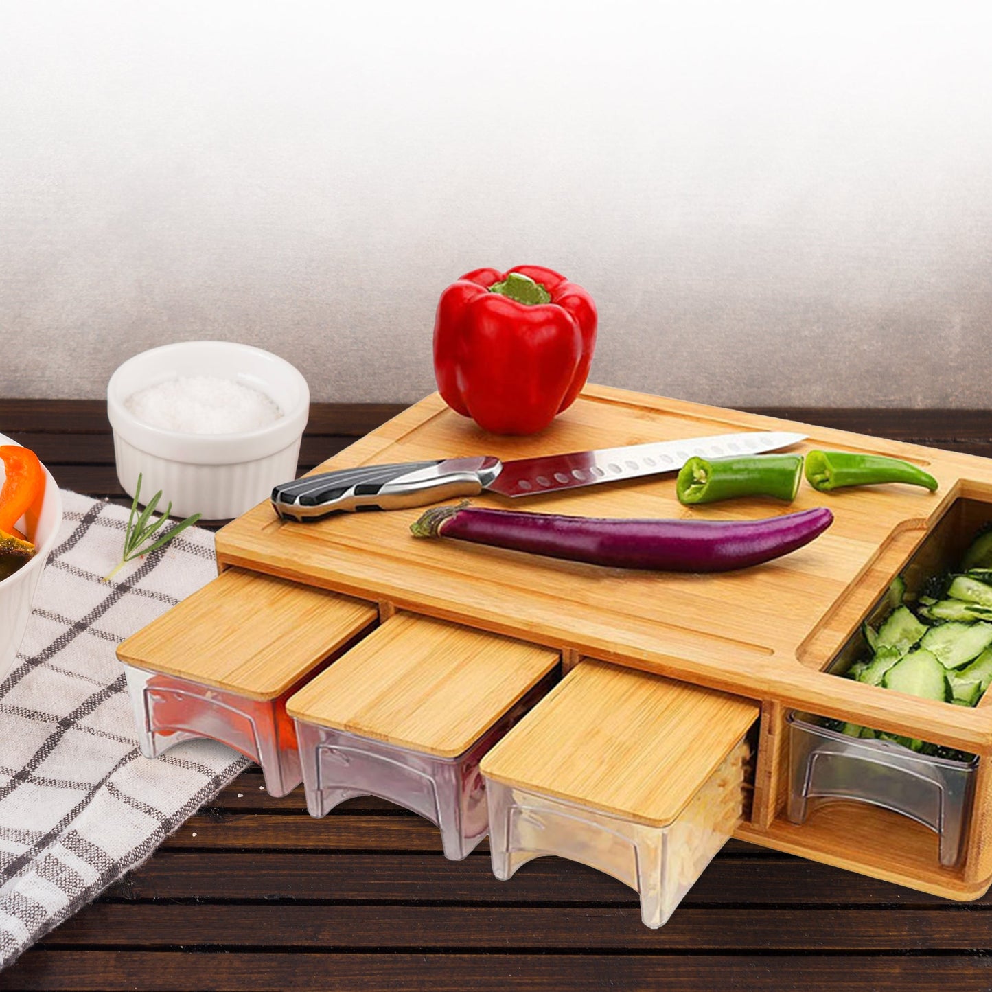 Cheer Collection Bamboo Cutting Board with Integrated Graters and 4 Storage Trays with Lids