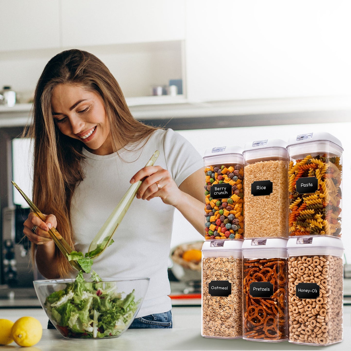 Cheer Collection 42oz Airtight Food Storage Containers for Kitchen Organization - Set of 6 Identical Bins with Labels - Multiple Colors Available