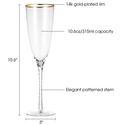 Berkware Twisted Stem Champagne Glass with Gold tone Rim, Set of 6