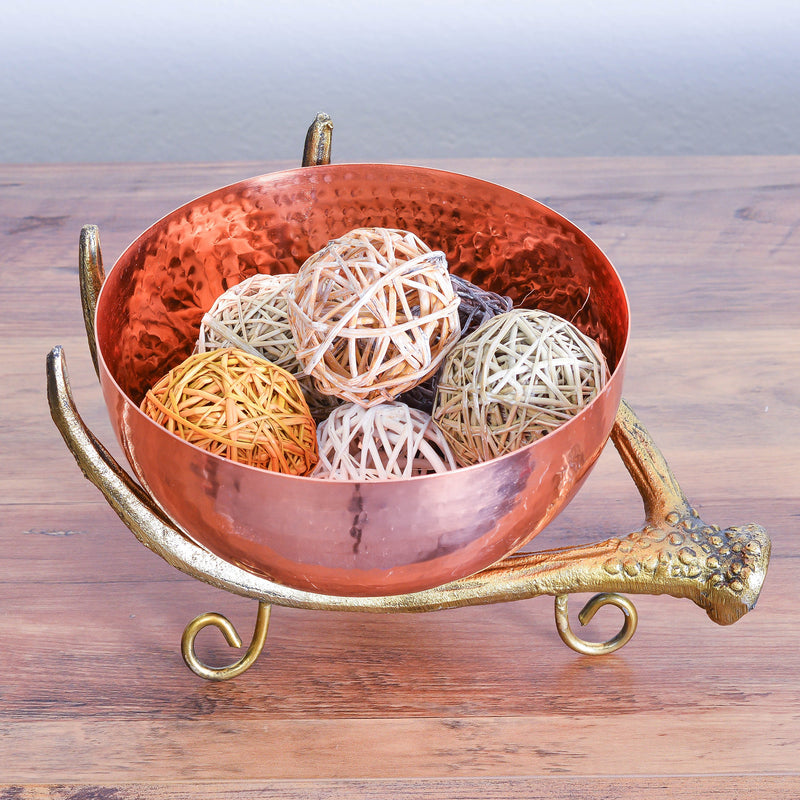 Berkware Copper Colored Decorative Bowl on Rustic Antler Stand - Diameter Textured Serving Bowl, Candy Dish and Centerpiece Bowl