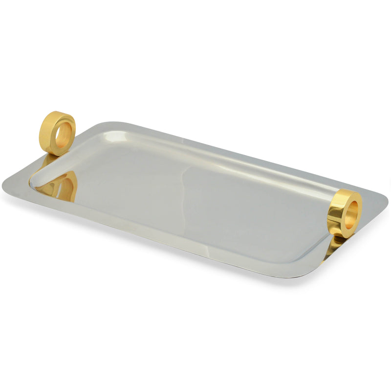 Berkware Two Tone Rectangular Tray with Gold Ring Handles - 14" x 8" Silver Colored Platter and Serving Tray
