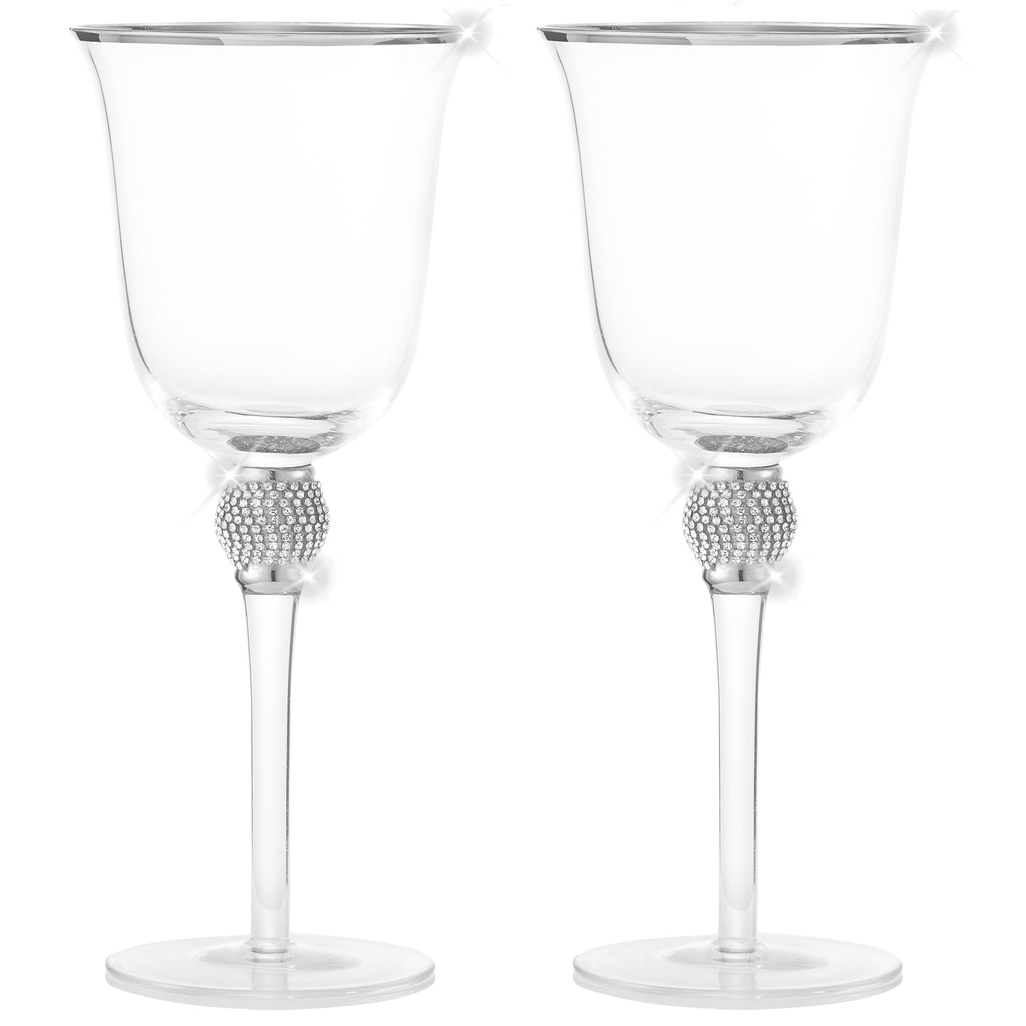 Berkware Set of 2 Rhodium Silver tone Wine Glasses - Luxurious Ros+¬ and White Wine Glass with Dazzling Rhinestone Design and Silver tone Rim