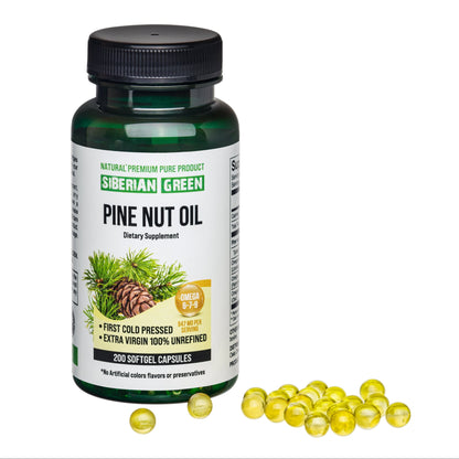 Siberian Green Pine Nut Oil Capsules 200 Softgels Wild Harvested Siberia Altai Cold Pressed Unrefined