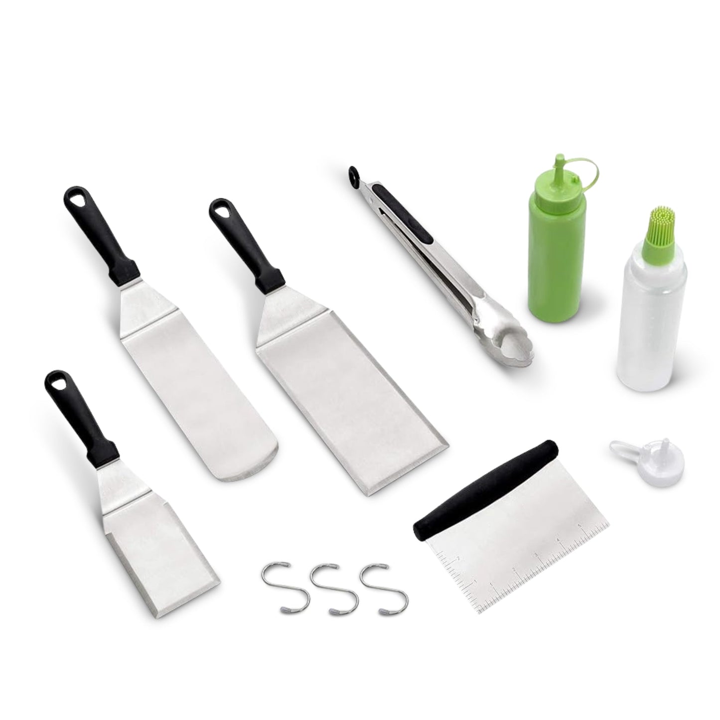 Cheer Collection 7-Piece Griddle Set – Stainless Steel BBQ Grill Tools with Spatulas, Scraper, Bottles, and Locking Tongs