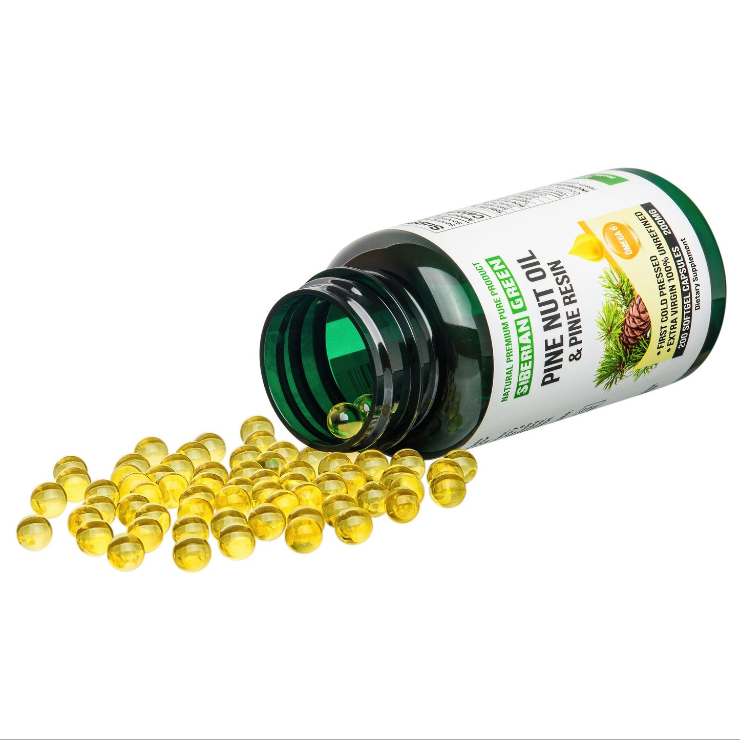 Siberian Green Pine Nut Oil w/Pine Resin Capsules 200 Softgels Wild Harvested Siberia Altai Cold Pressed Unrefined