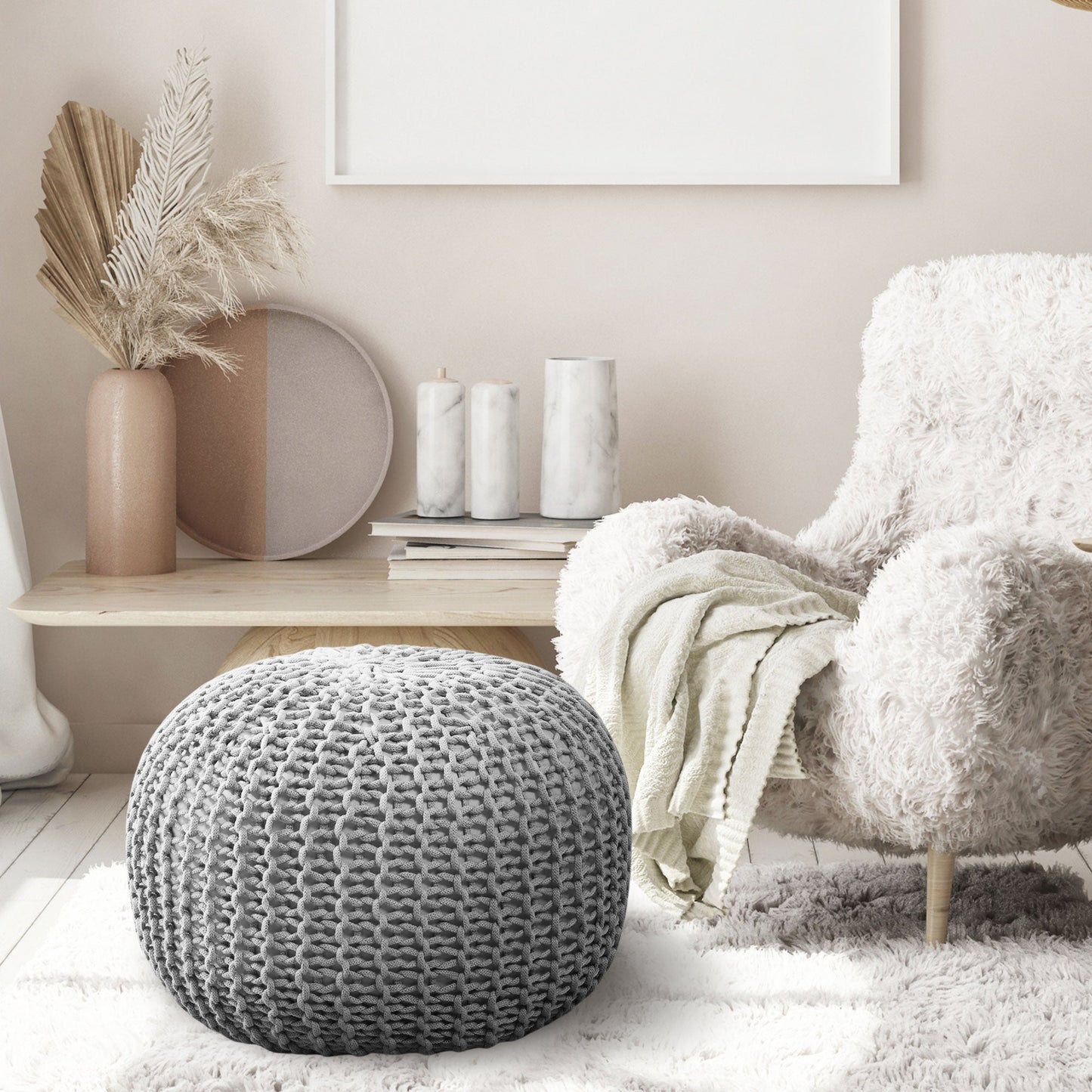 Cheer Collection 18" Round Pouf Ottoman - Chunky Hand-Knit Decorative and Comfortable Foot Rest