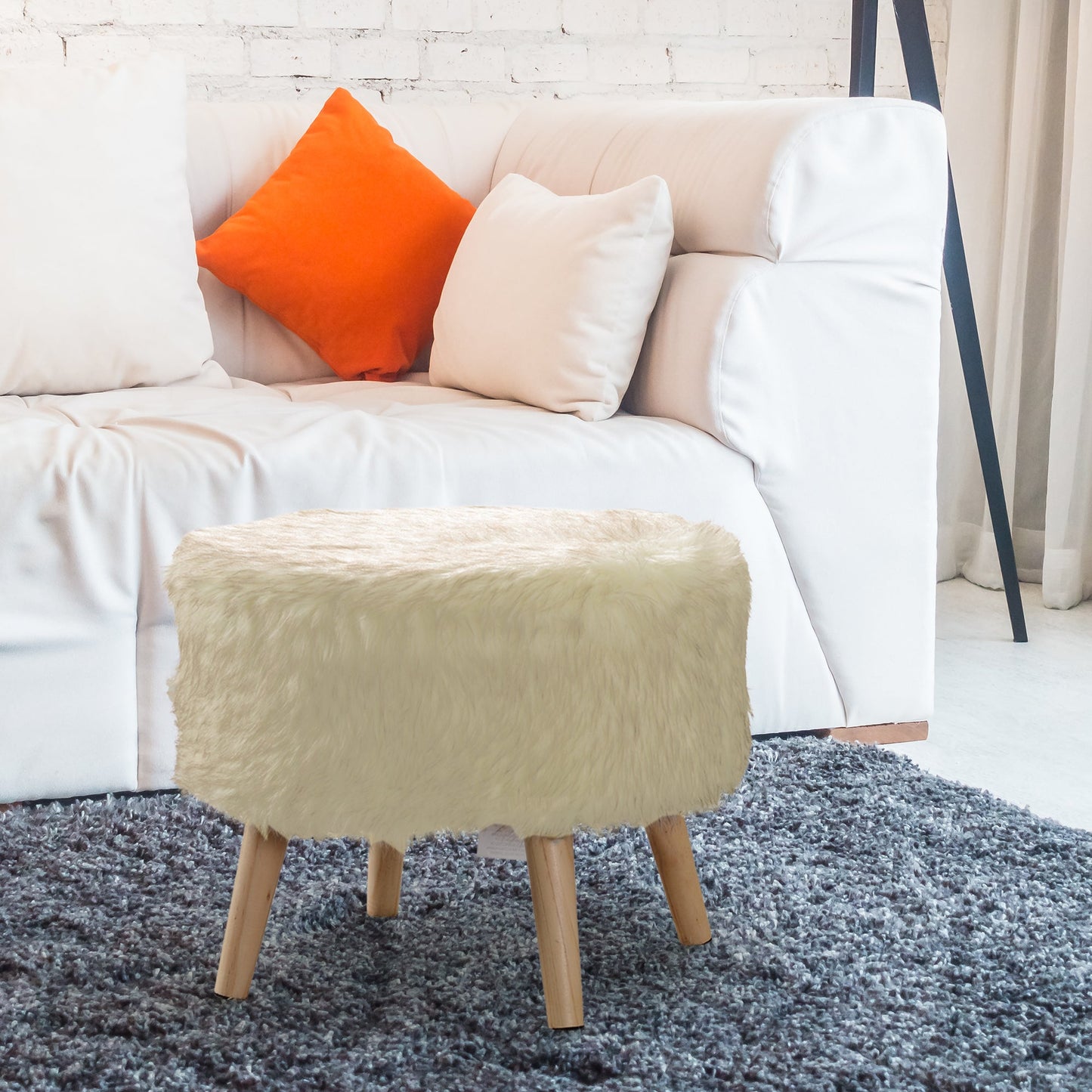 Cheer Collection Faux Fur Wood Leg Stool, White