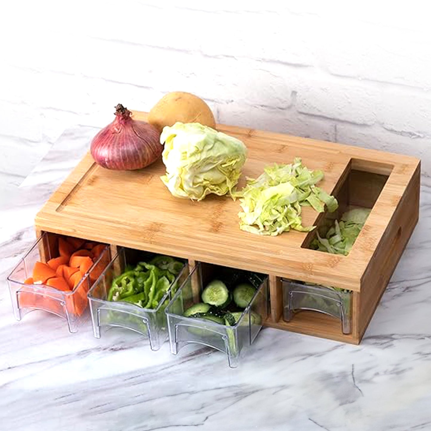 Cheer Collection Bamboo Cutting Board with 4 Slide-Out Storage Trays