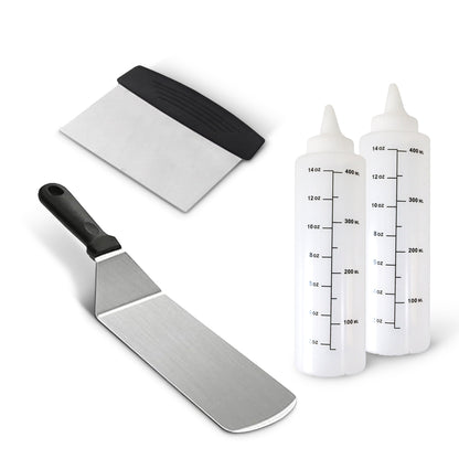 Cheer Collection 5-Piece Stainless Steel Griddle Set – Spatulas, Scraper, and Squeeze Bottles for BBQ, Grill, and Kitchen Cooking