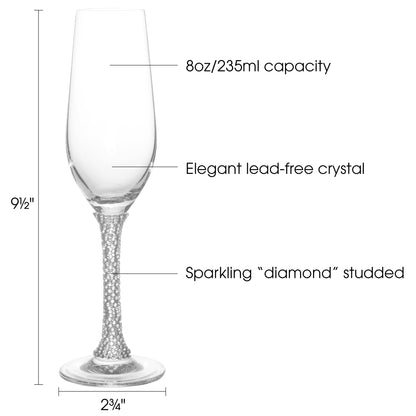 Berkware Champagne Glasses Set of 2 - Luxurious Crystal Champagne Flutes - Elegant Rhinestone Embellished Stem - Two Silver tone Champagne Glasses for toasting