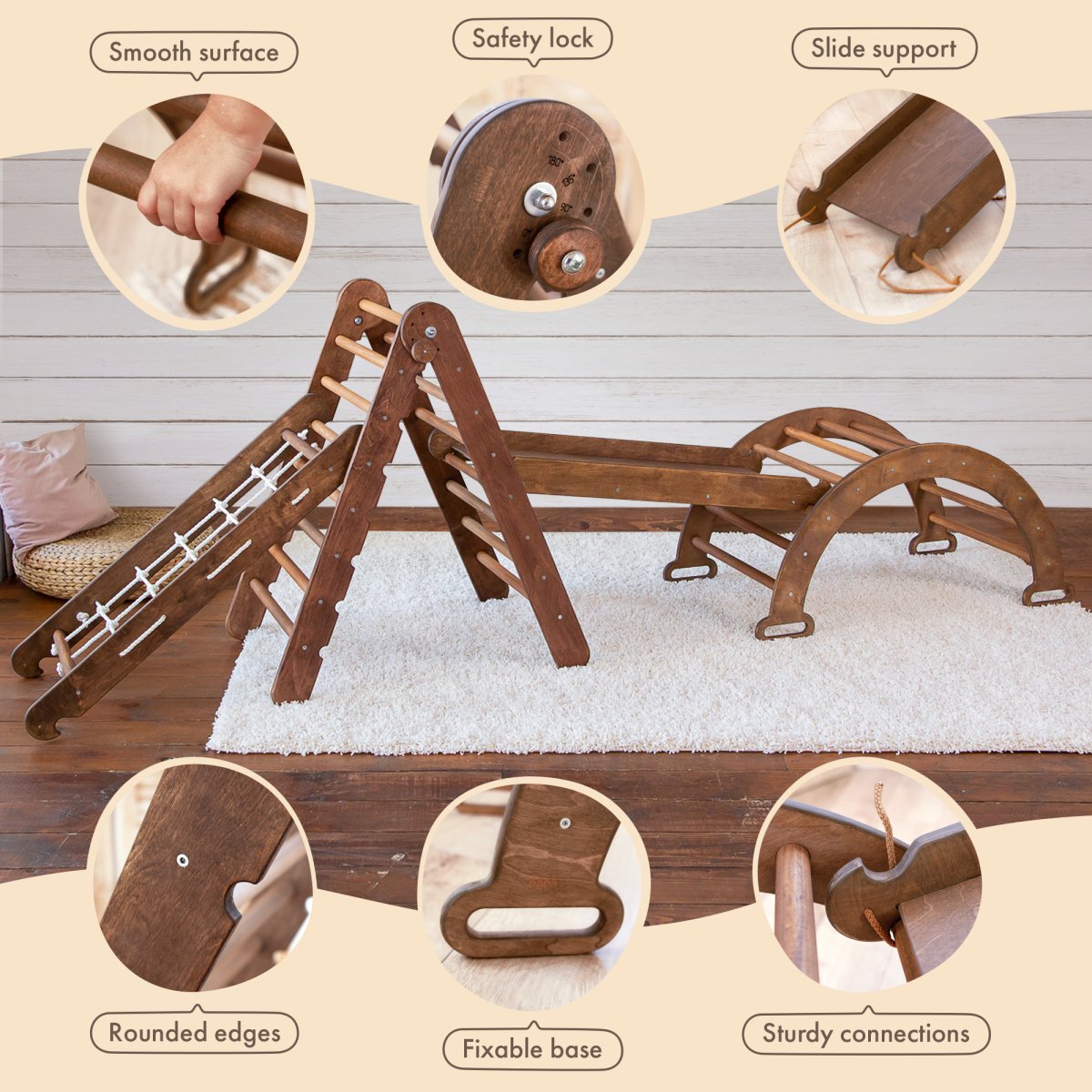 5in1 Montessori Climbing Set: Triangle Ladder + Arch/Rocker + Slide Board/Ramp + Net + Cushion – Chocolate by Goodevas