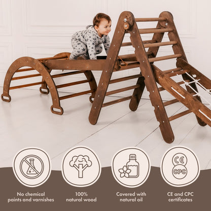 5in1 Montessori Climbing Set: Triangle Ladder + Arch/Rocker + Slide Board/Ramp + Net + Cushion – Chocolate by Goodevas