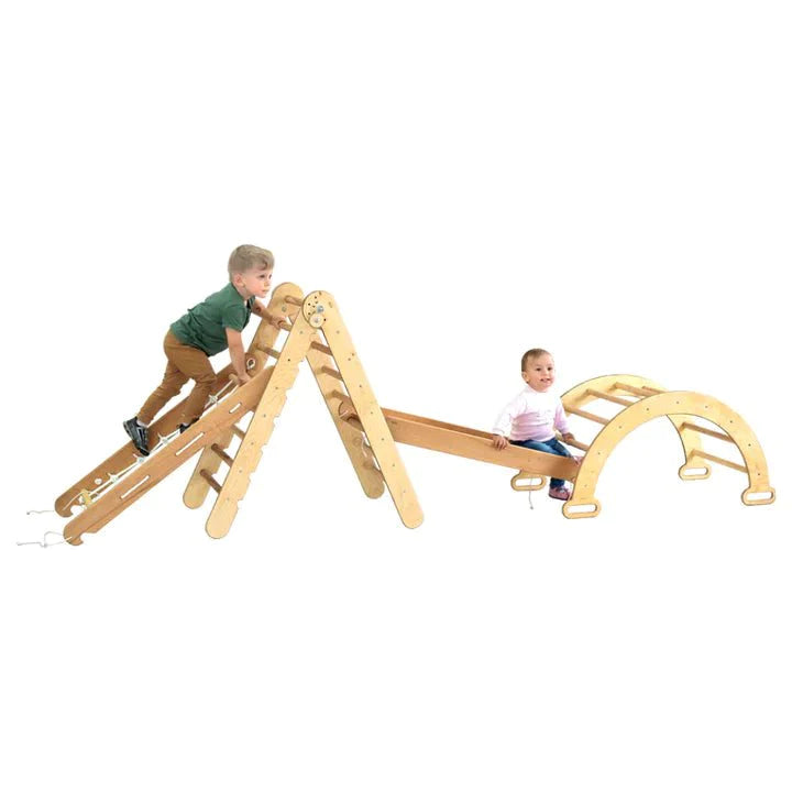 5in1 Montessori Climbing Set: Triangle Ladder + Arch/Rocker + Slide Board/Ramp + Net + Cushion – Chocolate by Goodevas