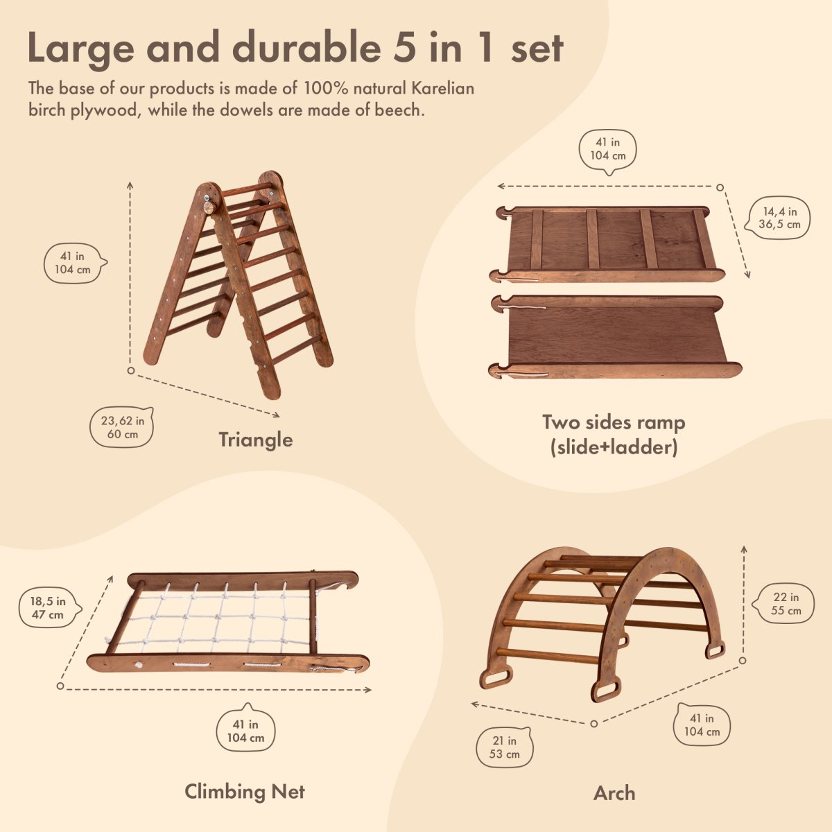 5in1 Montessori Climbing Set: Triangle Ladder + Arch/Rocker + Slide Board/Ramp + Net + Cushion – Chocolate by Goodevas