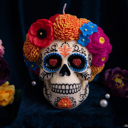 Dia De Los Muertos | Floral Skull Scented Candle for Day of The Dead Mexico | Calavera Skull with Floral Decoration | Home Room Decor Candle