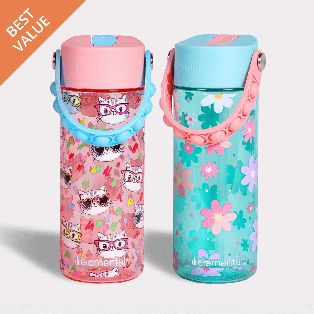 Elemental Splash 18oz Pop Bottle 2 Pack -  Stylish Cat and Spring Blossom