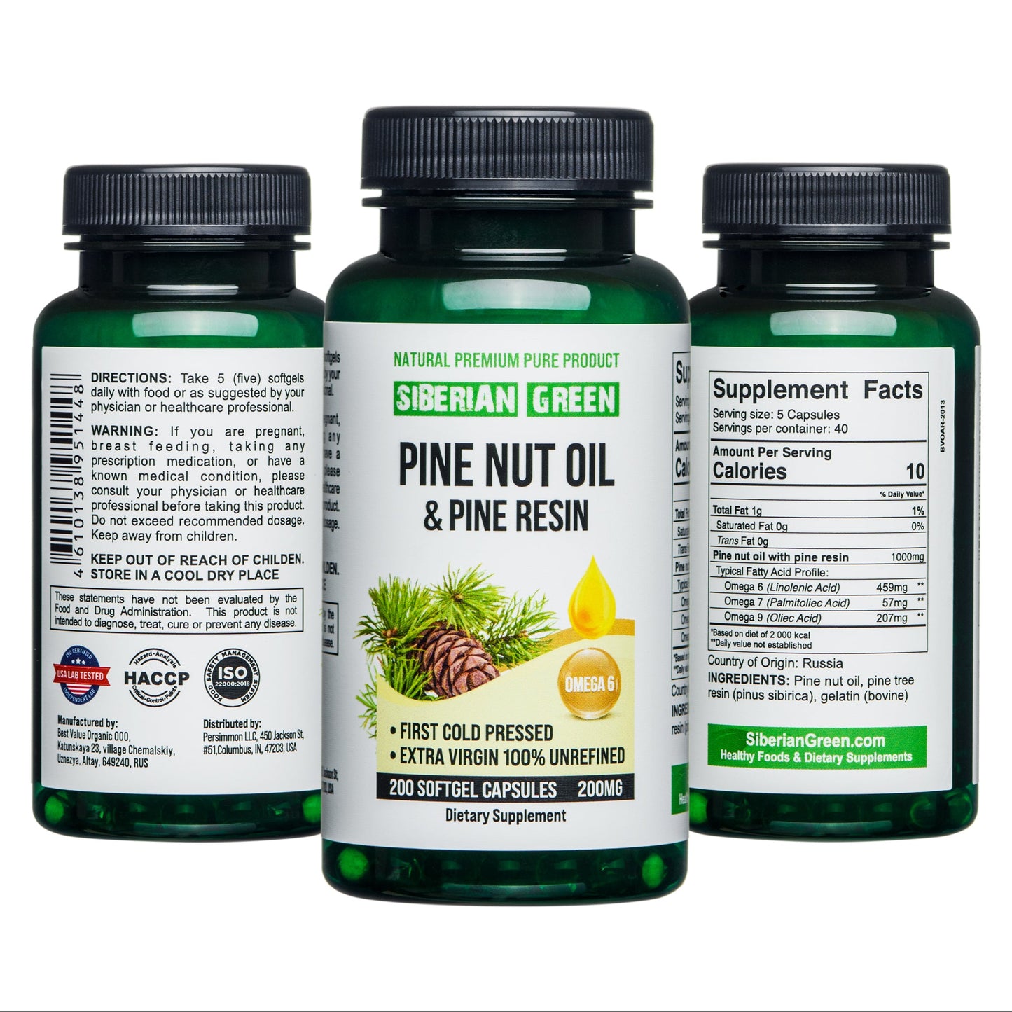 Siberian Green Pine Nut Oil w/Pine Resin Capsules 200 Softgels Wild Harvested Siberia Altai Cold Pressed Unrefined