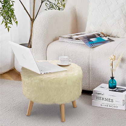 Cheer Collection Faux Fur Wood Leg Stool, White