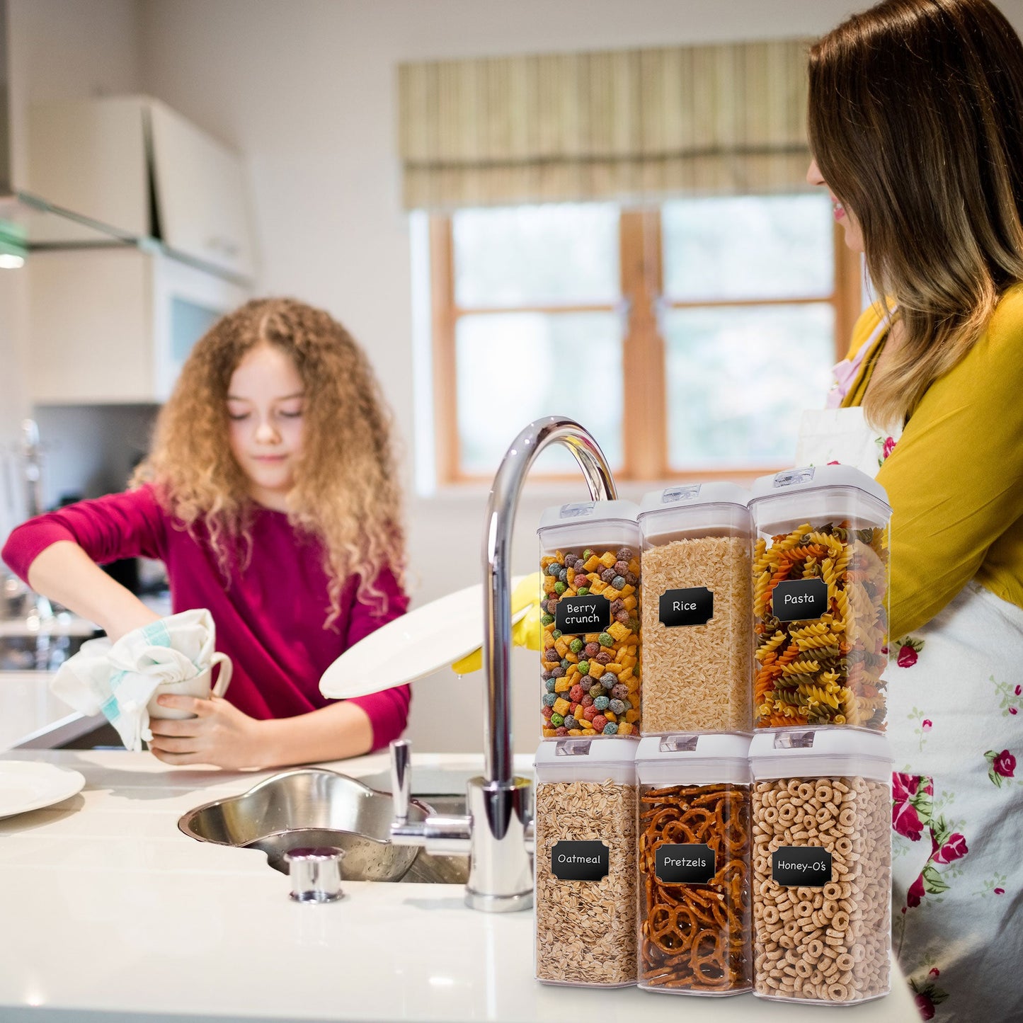 Cheer Collection 42oz Airtight Food Storage Containers for Kitchen Organization - Set of 6 Identical Bins with Labels - Multiple Colors Available