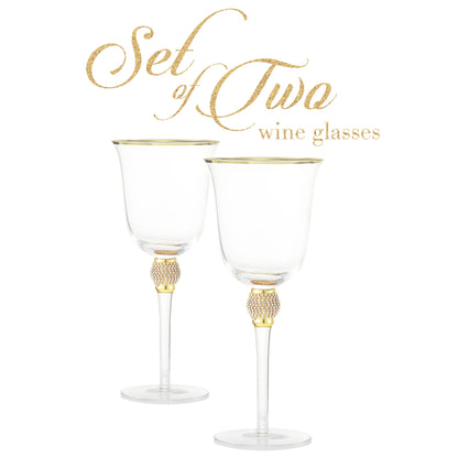 Berkware Set of 2 Gold tone Wine Glasses - Luxurious Rose and White Wine Glass with Dazzling Rhinestone Design and Gold tone Rim