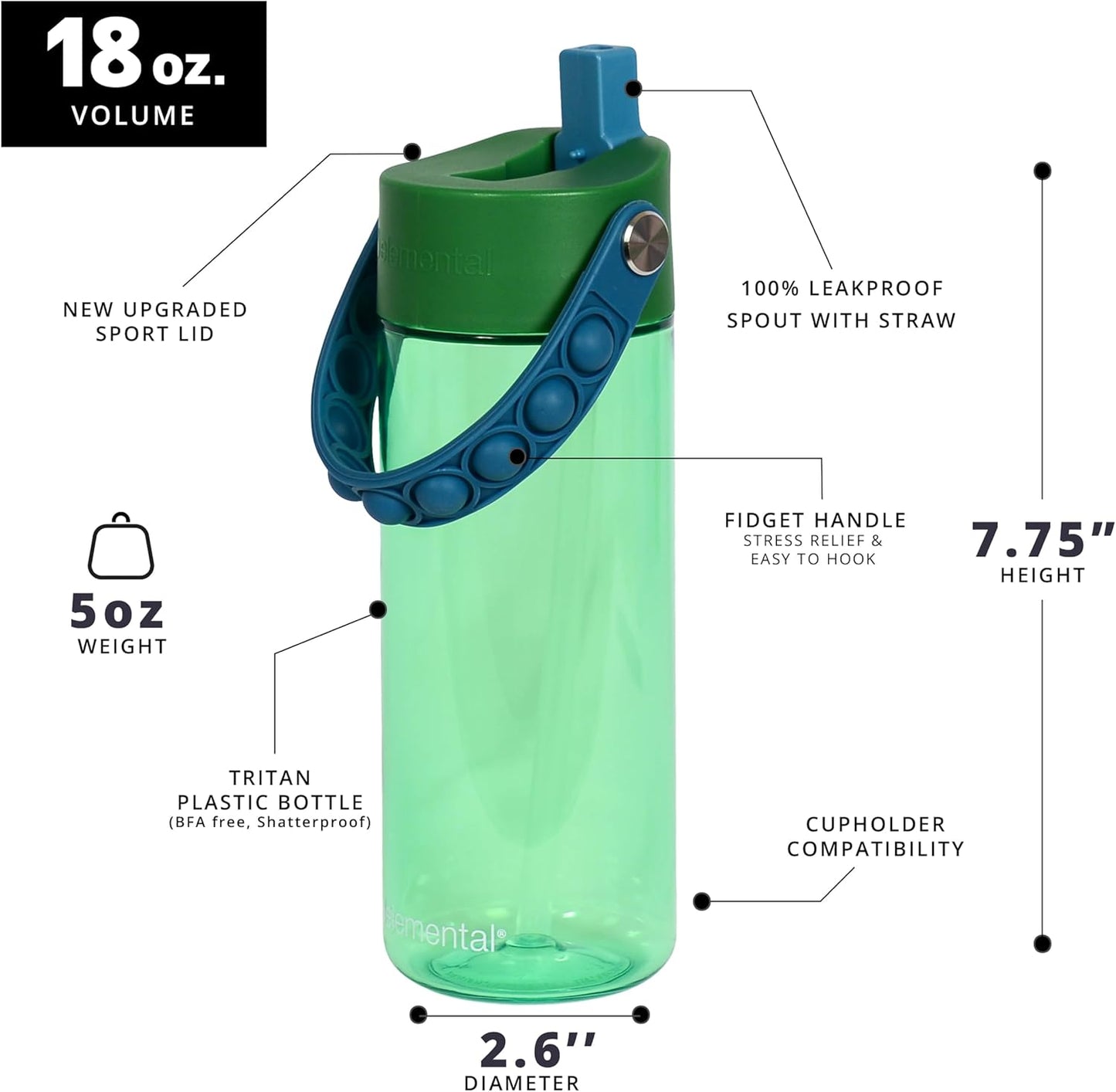 Elemental Splash 18oz Pop Bottle 2 Pack -  Dinosaur & Green