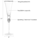 Berkware Set of 2 Trumpet Champagne Glasses - Luxurious Crystal Trumpet Champagne Flutes - Elegant Gold tone Rim & Rhinestone Embellishments - 9oz, 11" tall flutes - Champagne glasses for toasting