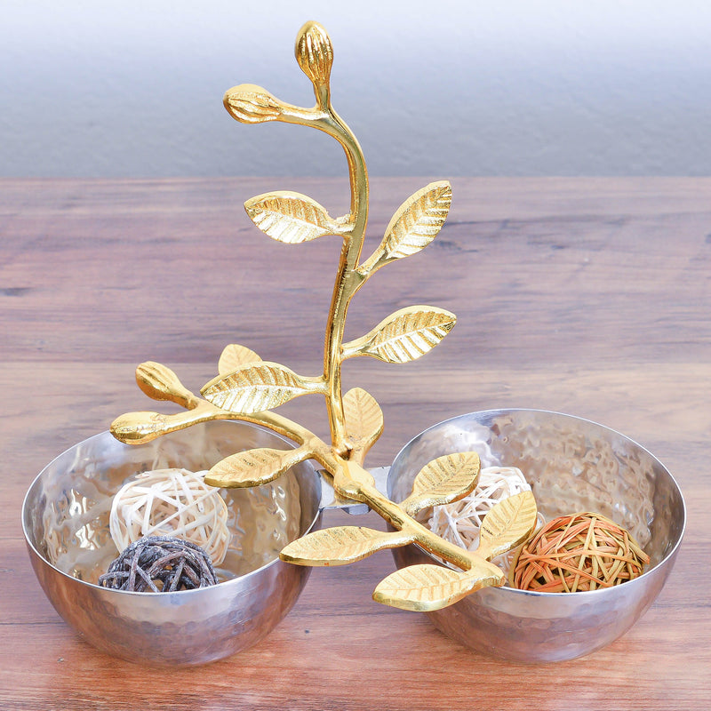 Berkware Shiny Polished Stainless Steel Two Bowl Sectional Serving Bowl with Gold Leaf Handle - 4" Diameter Nut Platter, Fruit Bowl, Candy Dish and Centerpiece Bowl (2 Sections)