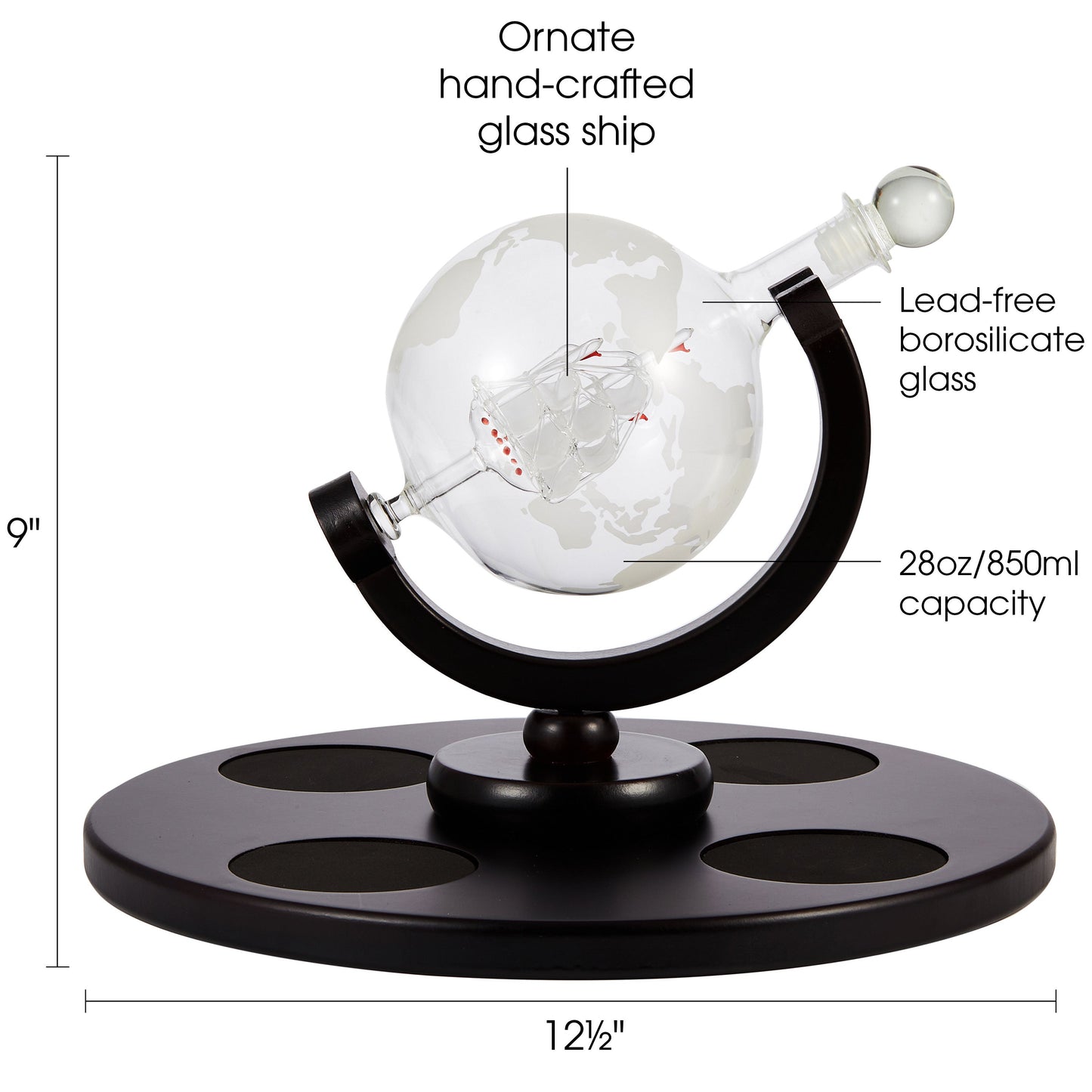 Berkware Globe Whiskey Decanter and 4 Cups Set with Wood Base
