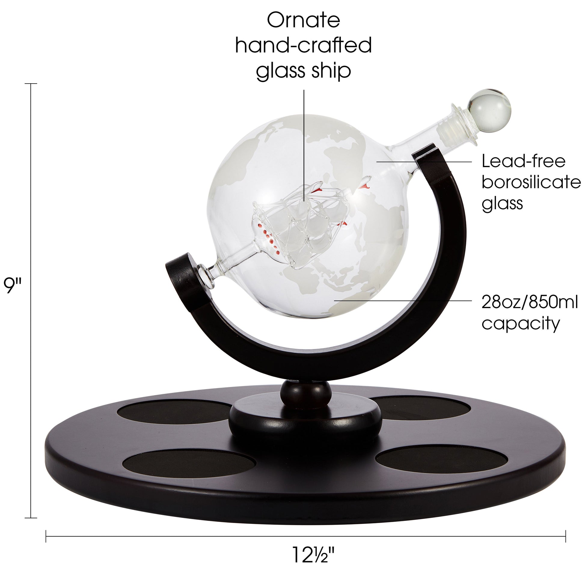 Berkware Globe Whiskey Decanter and 4 Cups Set with Wood Base