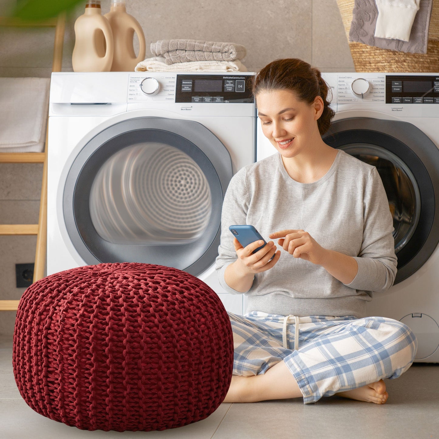 Cheer Collection 18" Round Pouf Ottoman - Chunky Hand-Knit Decorative and Comfortable Foot Rest