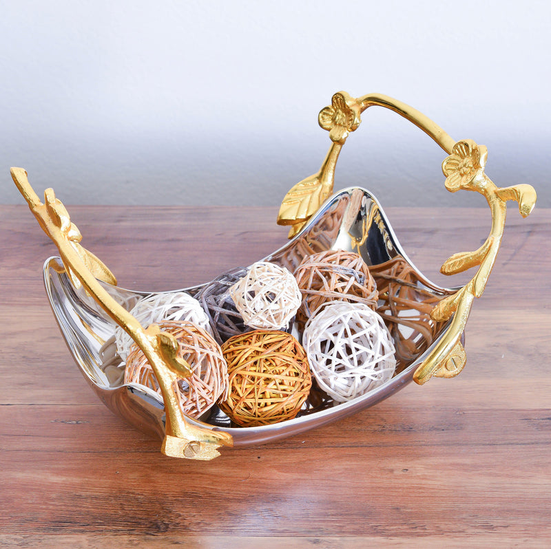 Berkware Shiny Stainless Steel Serving Bowl with Gold Decorative Handles, Sleek Curved Fruit Bowl, Candy Dish and Centerpiece Bowl