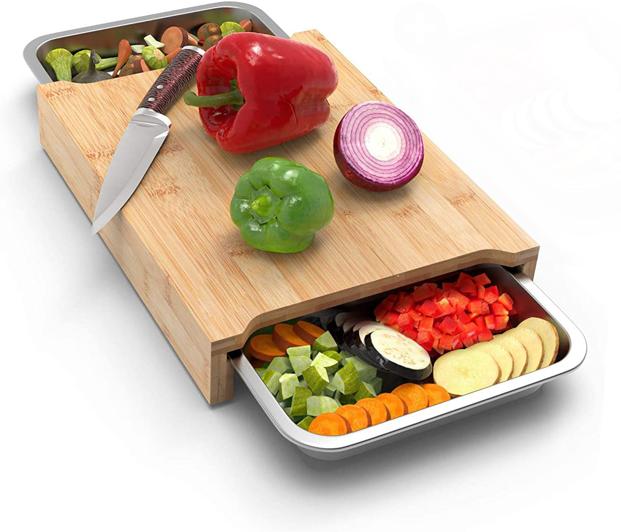 Bamboo Cutting Board with 2 Organizing Stainless Steel Trays by ecozoi