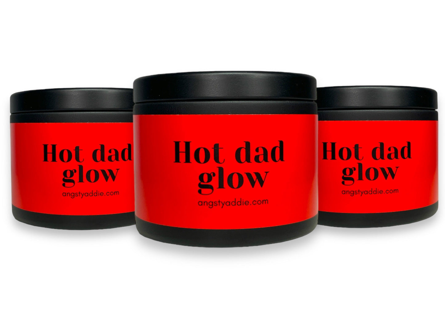 three jars of hot dad glow on a white background