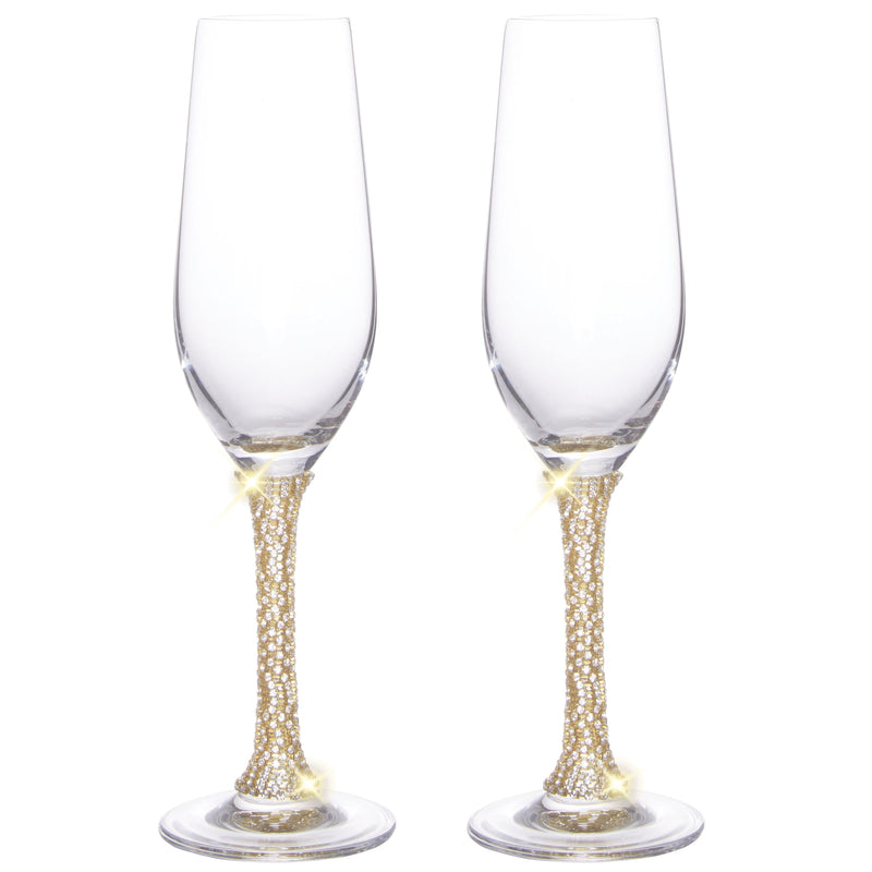 Berkware Champagne Glasses Set of 2 - Luxurious Crystal Champagne Flutes - Elegant Rhinestone Embellished Stem - Two Gold tone Champagne Glasses for toasting