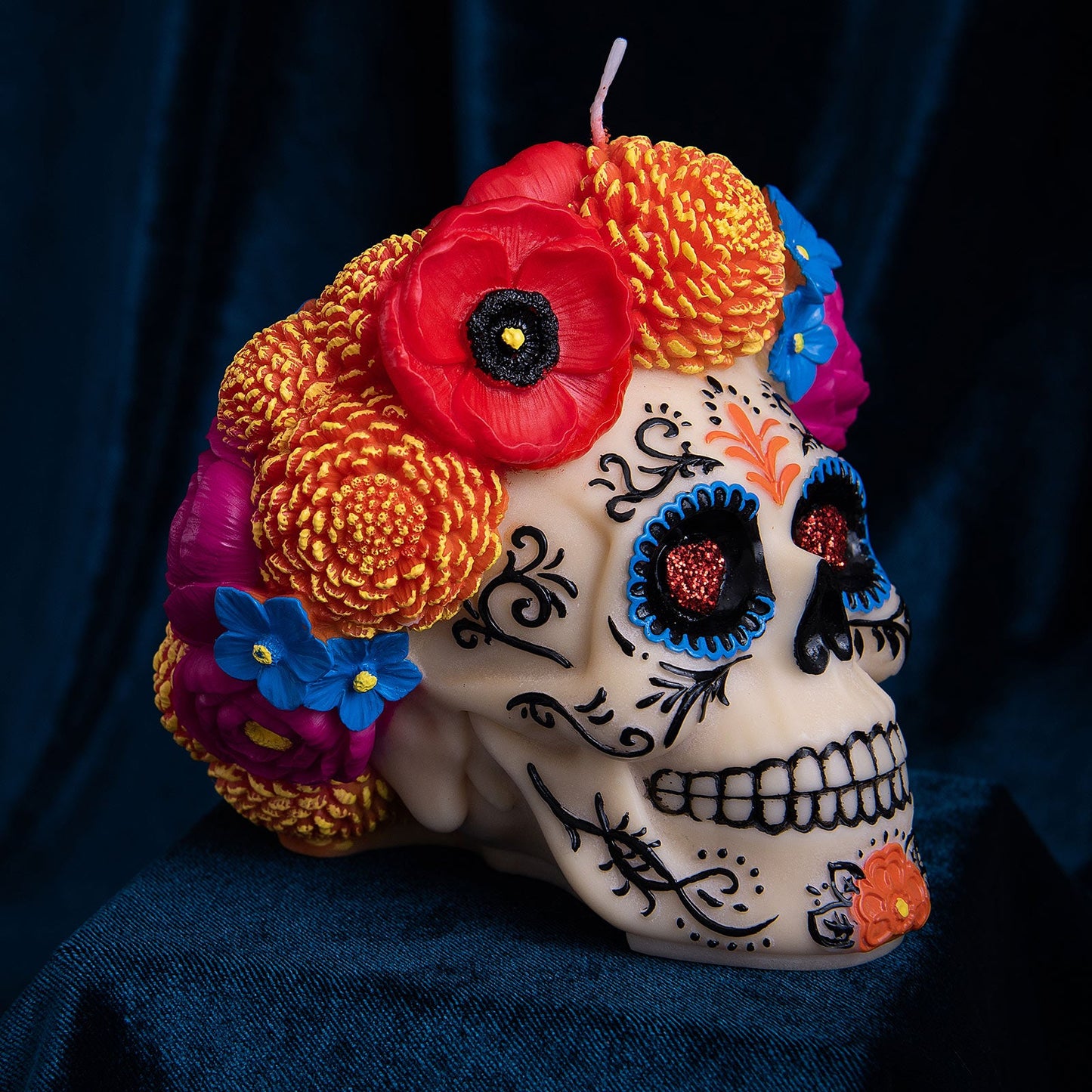 Dia De Los Muertos | Floral Skull Scented Candle for Day of The Dead Mexico | Calavera Skull with Floral Decoration | Home Room Decor Candle