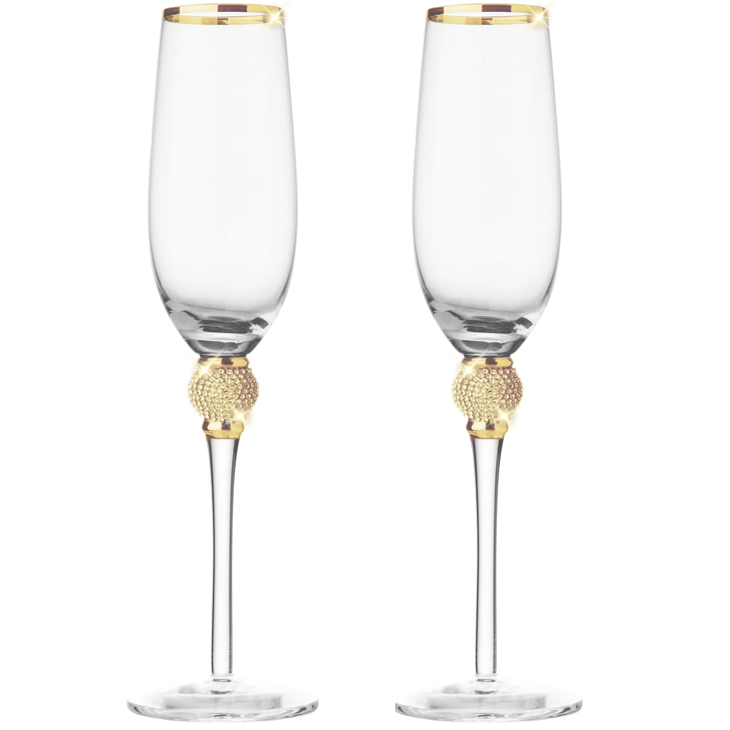 Berkware Set of 6 Champagne Glasses - Luxurious Champagne Flutes with Dazzling Rhinestone Design and Gold tone Rim